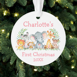 Baby First Christmas Safari Animals Pink Round Ornament