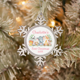 Baby First Christmas Safari Animals Pink Snowflake Pewter Christmas Ornament