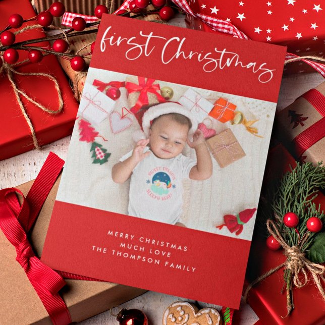 Baby First Christmas Script Photo Christmas Red Holiday Card (Creator Uploaded)