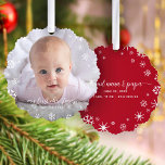 Baby First Christmas Snowflake Grandparents Script<br><div class="desc">“My first Christmas.” A playful visual of white snowflakes and handwritten script typography with customised name and year, overlaying the photo of your choice, help you usher in Christmas and New Year. On the back, additional white snowflakes and handwritten typography with “proud nana & papa” & customisable baby stats overlay...</div>