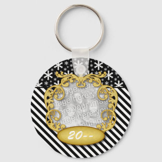 Baby First Christmas Snowflake Stripe Black White Key Ring