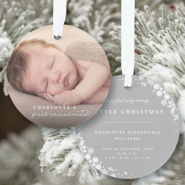 Baby First Christmas Snowflakes Stylish Chic Photo Ornament (Baby's First Christmas White Snowflakes Stylish Chic Photo Christmas Ornament @ fat_fa_tin)