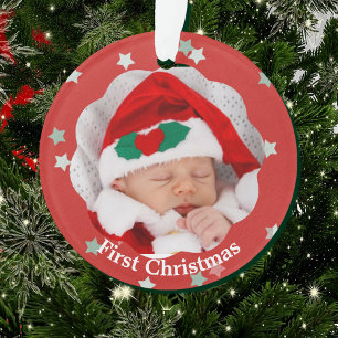 Baby First Christmas Stars on Red Photo Ornament