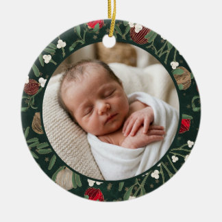 Baby First Christmas Vintage Green Floral Photo Ceramic Tree Decoration