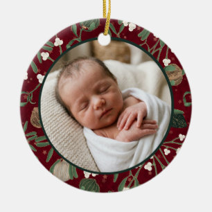 Baby First Christmas Vintage Red Floral Photo Ceramic Tree Decoration