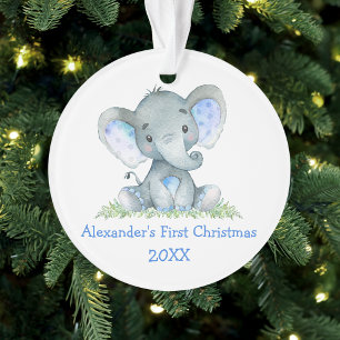 Baby First Christmas Watercolor Blue Elephant Ornament