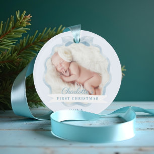 Baby First Christmas Watercolor Blue Ribbon & Bow Ornament