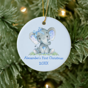 Baby First Christmas Watercolor Elephant Blue Bow Ceramic Tree Decoration