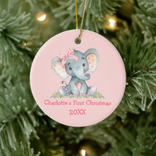 Baby First Christmas Watercolor Pink Bow Elephant Ceramic Tree Decoration