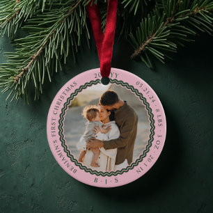 Baby First Christmas Wavy Modern Minimal 2 Photo Ceramic Tree Decoration