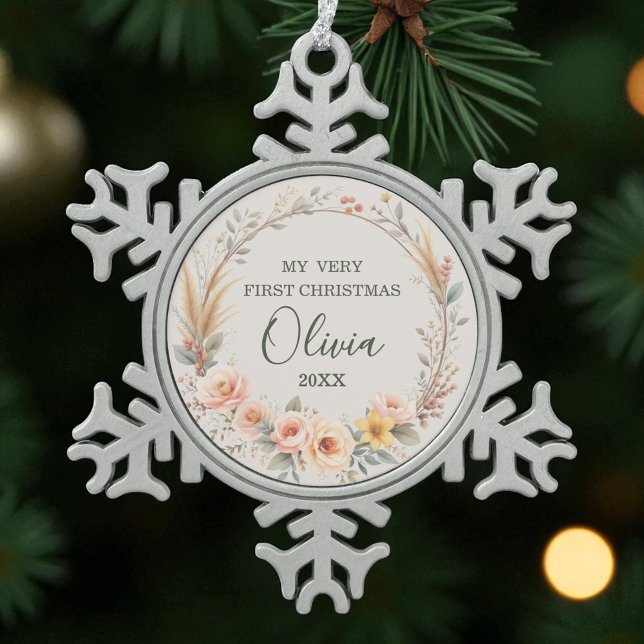  Baby First Christmas Wildflower Boho Personalise Snowflake Pewter Christmas Ornament (Creator Uploaded)