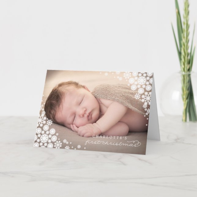 Baby First Christmas Winter Snowflakes Photo Birth Holiday Card (Front)