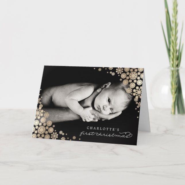 Baby First Christmas Winter Snowflakes Photo Birth Holiday Card (Front)