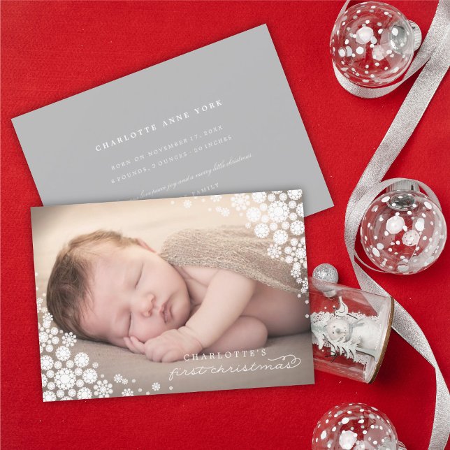 Baby First Christmas Winter Snowflakes Photo Birth Holiday Card (Creator Uploaded)