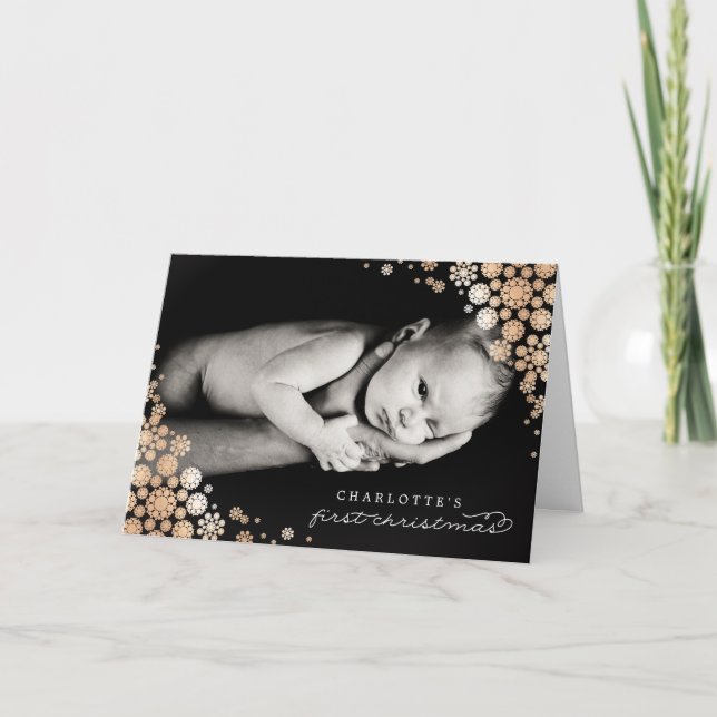 Baby First Christmas Winter Snowflakes Photo Birth Holiday Card (Front)