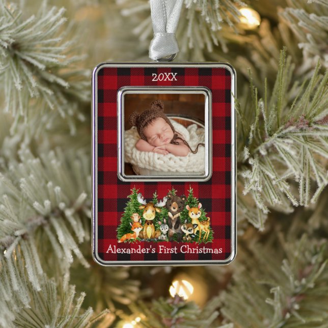 Baby First Christmas Woodland Animals Photo Plaid Silver Plated Framed Ornament (Tree)