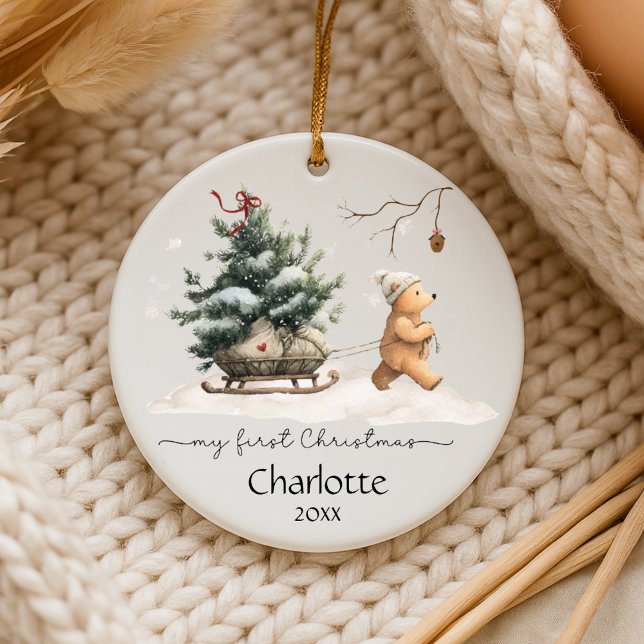 Baby First Christmas Woodland Bear Ceramic Tree Decoration (Personalize baby first Christmas with this heartwarming bear in the woods.)