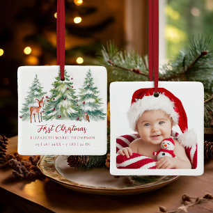 Baby First Christmas Woodland Owl Deer Photo  Ceramic Ornament