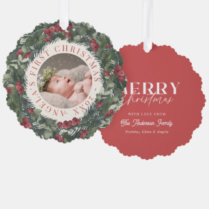 Baby First Christmas Wreath Red Holiday Photo Tree Decoration Card