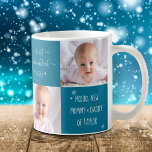 Baby First Hanukkah New Mum and Dad 2 Photo Custom Coffee Mug<br><div class="desc">“First Hanukkah.” A playful grid of 2 personalised photos of your choice and white handwritten script typography and snowflakes overlaying a teal blue background, helps the proud parents usher in Hanukkah and New Year. Feel the warmth and joy of the holiday season whenever they use this stylish and modern personalised...</div>
