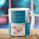 Baby First Hanukkah New Mum Dad 4 Photo Custom Coffee Mug<br><div class="desc">“First Hanukkah.” A playful grid of 4 personalised photos of your choice and white handwritten script typography and snowflakes overlaying a teal blue background, helps the proud parents usher in Hanukkah and New Year. Feel the warmth and joy of the holiday season whenever they use this stylish and modern personalised...</div>