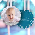 Baby First Hanukkah Photo Snowflakes Grandparents Tree Decoration Card<br><div class="desc">“My first Hanukkah.” A playful visual of white Stars of David, snowflakes and handwritten script typography with customised name and year, overlaying the photo of your choice, help you usher in Hanukkah and New Year. On the back, additional white Stars of David, snowflakes and handwritten typography with “proud nana &...</div>
