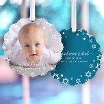 Baby First Hanukkah Photo Snowflakes New Parents Tree Decoration Card<br><div class="desc">“My first Hanukkah.” A playful visual of white Stars of David, snowflakes and handwritten script typography with customised name and year, overlaying the photo of your choice, help you usher in Hanukkah and New Year. On the back, additional white Stars of David, snowflakes and handwritten typography with “proud mum &...</div>