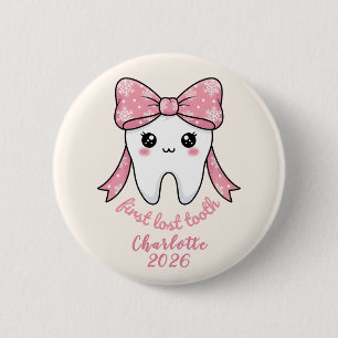 Baby First Tooth Pink Bow Milestone Kawaii Tooth 6 Cm Round Badge