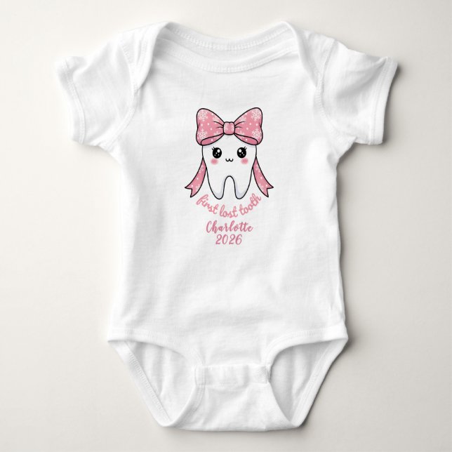 Baby First Tooth Pink Bow Milestone Kawaii Tooth Bodysuit (Front)