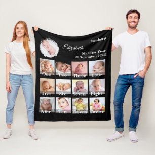 Baby First Year 12 Month Photo Collage Milestone Fleece Blanket