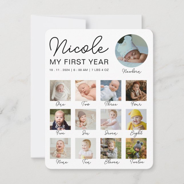 Baby First Year 12 Months Photo Collage Modern Card (Front)