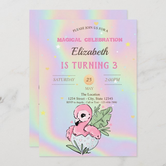 Baby Flamingo, Holographic Birthday  Invitation (Front/Back)