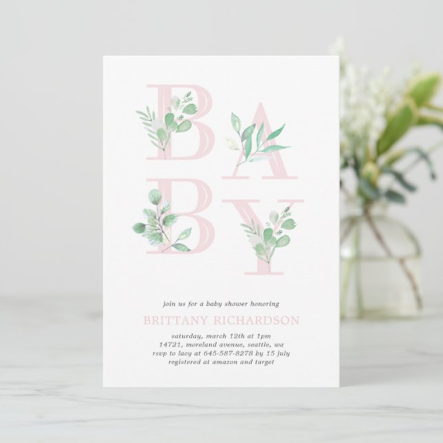 Baby Foliage baby shower invitation_Pink Invitation (Standing Front)