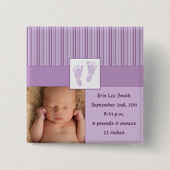 Baby Footprints Birth - Purple 15 Cm Square Badge (Front)