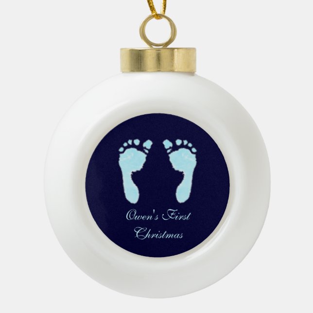 Baby Footprints (Boy) Ceramic Ball Christmas Ornament (Front)