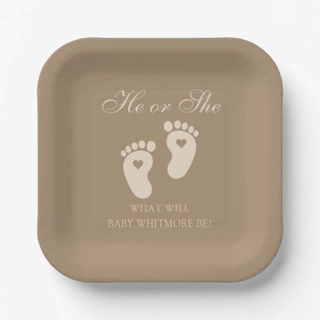 Baby Footprints He or She Brown Gender Reveal Paper Plate (Front)