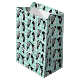 Baby Footprints On Green Gingham Medium Gift Bag