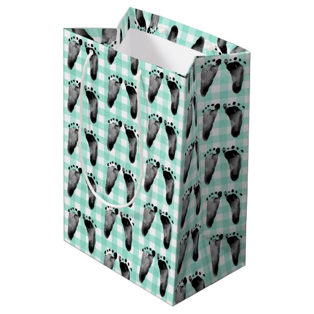 Baby Footprints On Green Gingham Medium Gift Bag (Back Angled)
