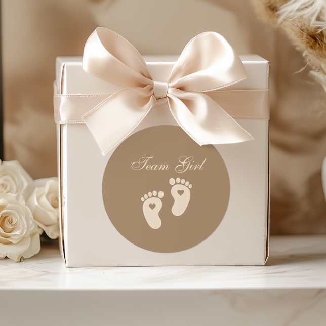 Baby Footprints Team Girl Brown Gender Reveal Classic Round Sticker (Creator Uploaded)