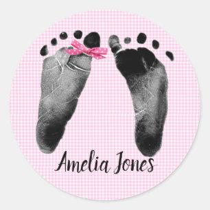 Baby Footprints with Bow On Gingham Classic Round Sticker