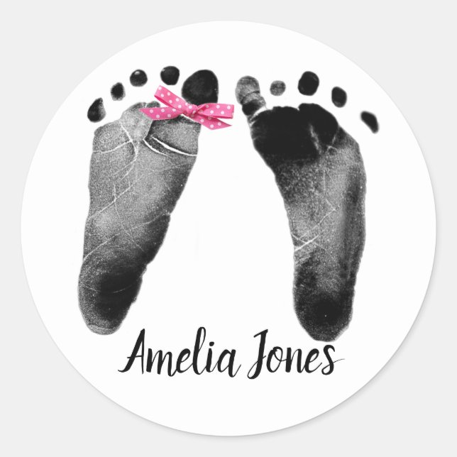 Baby Footprints with Bow On White  Classic Round Sticker (Front)
