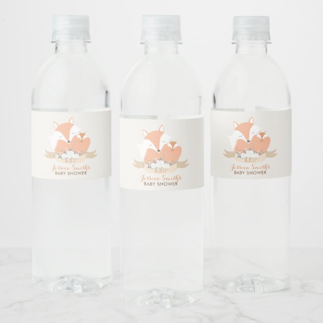 Baby Fox and Mum Baby Shower Custom Water Bottle Label (Bottles)