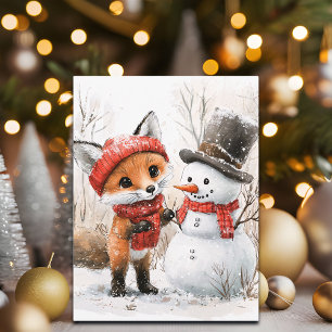 Baby Fox and Snowman Holiday Postcard