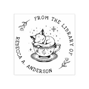 Baby Fox Cub Sleeping in a Magical Teacup Library Rubber Stamp