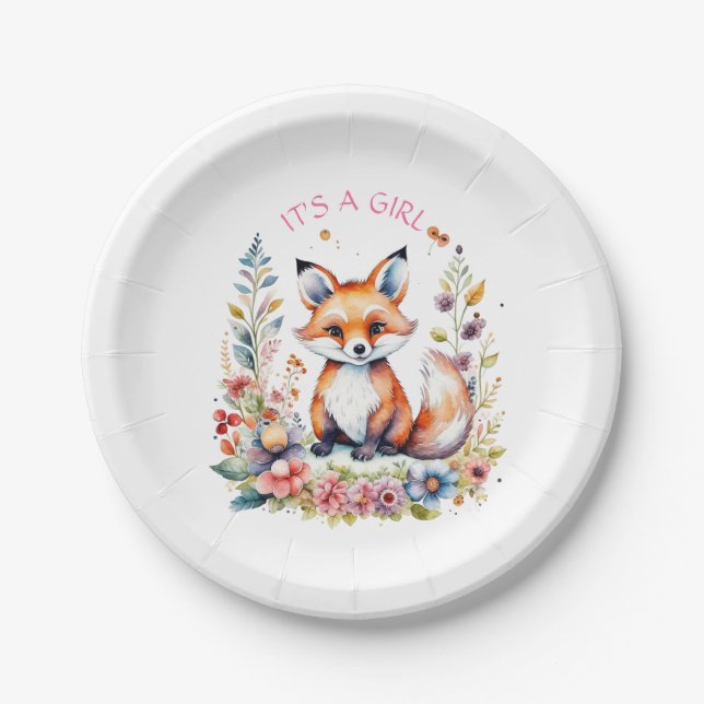 Baby Fox in Flowers | Baby Shower It's a Girl Paper Plate (Front)