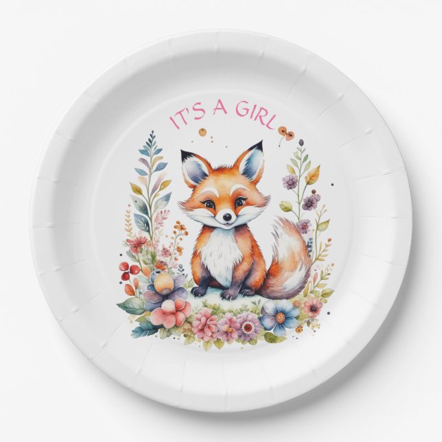 Baby Fox in Flowers | Baby Shower It's a Girl Paper Plate (Front)