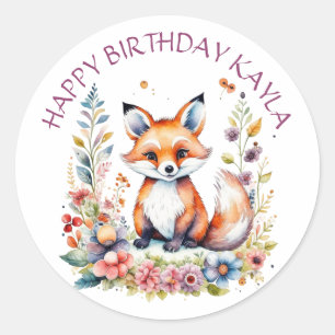 Baby Fox in Flowers Happy Birthday Personalised Classic Round Sticker
