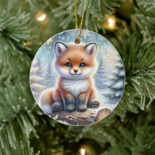 Baby Fox in Winter Pines Ceramic Tree Decoration