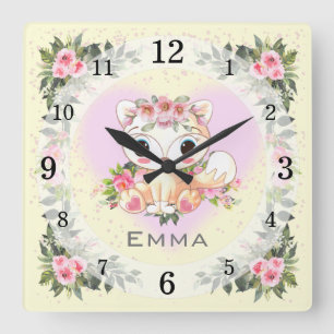 Baby Fox   Nursery Décor   Yellow Personalised Square Wall Clock