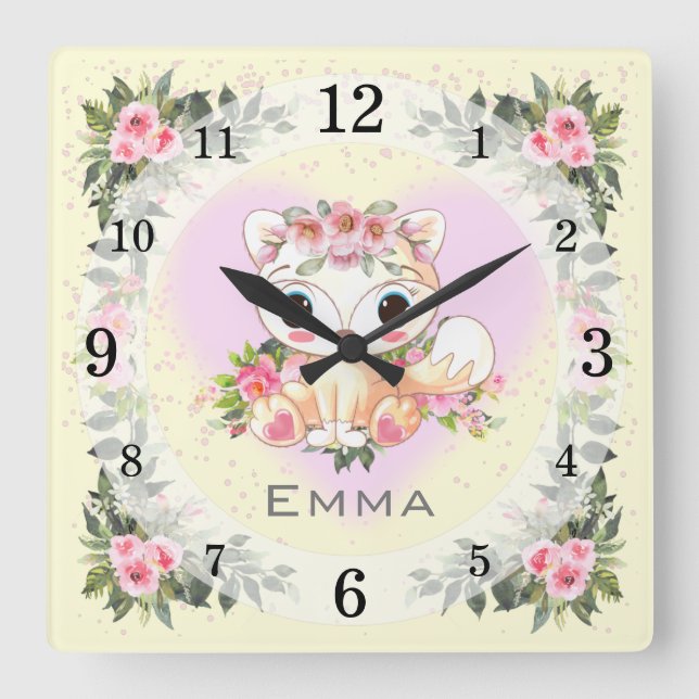 Baby Fox | Nursery Décor | Yellow Personalised Square Wall Clock (Front)